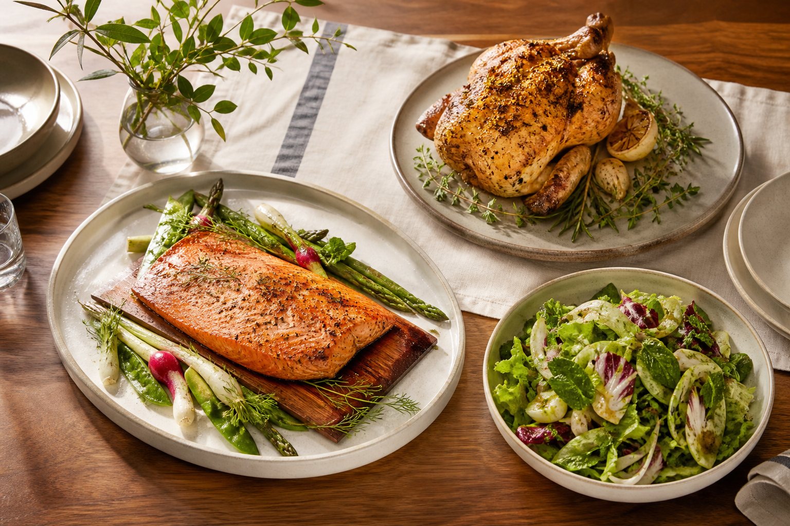 Roasted salmon, herb chicken, and a seasonal salad on a shared table