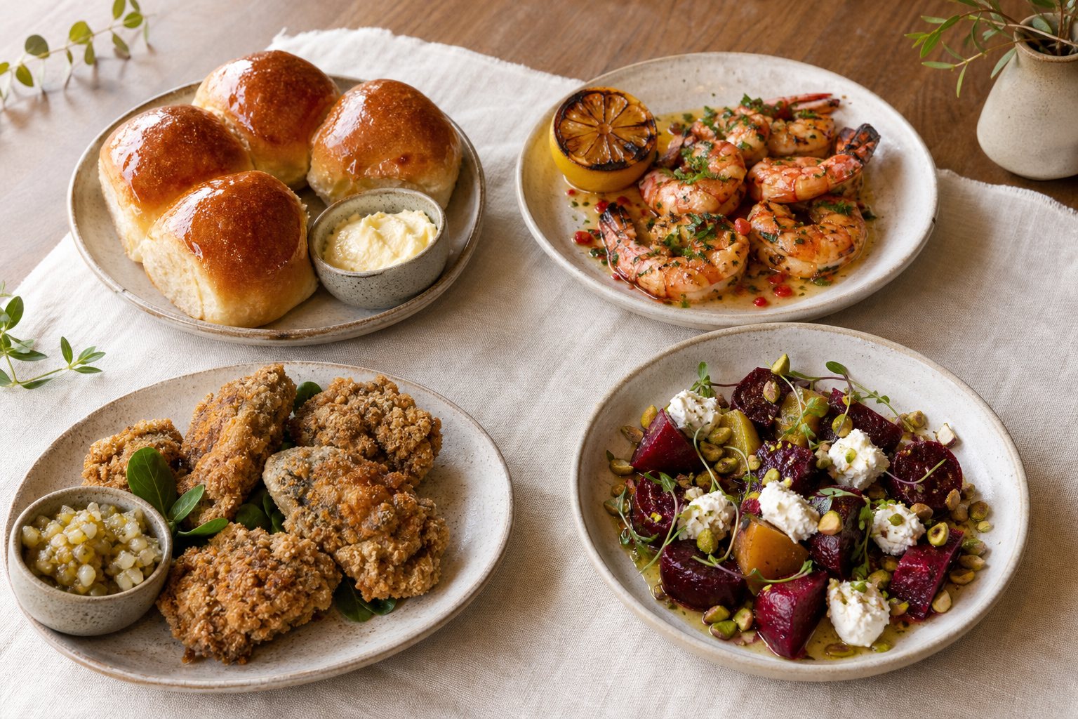 A shared table of Parker House rolls, grilled shrimp, crispy oysters, and roasted beets